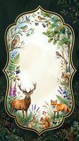 Ornate woodland frame with deer, fox, owl, birds and forest plants creating decorative border with blank center space for text or design elements.
