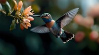 Vibrant hummingbird with iridescent blue-green feathers hovers near coral-colored flowers, wings spread in mid-flight against dark green natural background.