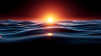 Dramatic ocean waves at sunset with glowing orange sun on dark horizon, reflective water surface creates mesmerizing pattern of light and shadow in tranquil seascape.