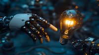 Glowing light bulb and robotic hand reaching towards each other against dark background with bokeh lights, symbolizing artificial intelligence and innovation.