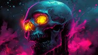 Glowing skull with neon yellow eyes and pink smoke effects against dark background, artistic fantasy composition with dramatic lighting and vibrant colors.