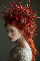 Side profile of woman with red hair wearing white lace dress and crown made of red chili peppers against dark background. Creative fashion portrait with dramatic styling.