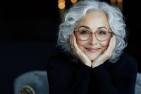 Elegant senior woman with silver gray hair and stylish glasses smiling warmly while resting chin on hands, wearing black sweater against dark background with bokeh lights.