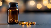 Brown glass bottle with omega-3 fish oil capsules scattered on reflective surface against warm bokeh lights background, highlighting health supplements and wellness.