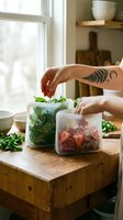 Woman with fern and crescent moon forearm tattoo storing fresh greens and strawberries in clear glass containers on wooden kitchen counter near window.