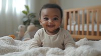 Happy African American baby boy in beige sweater lying on soft white bedding, smiling joyfully at camera. Natural window light creates warm, cozy nursery atmosphere.