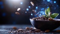 Fresh roasted coffee beans in dark ceramic bowl with green mint leaves, magical blue bokeh lights and flying beans on black background. Culinary concept.