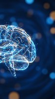 Digital wireframe brain with glowing neural networks and particles on dark blue bokeh background for artificial intelligence and technology concepts.