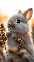 Fluffy white rabbit with soft fur and pink ears nibbling dried plants during golden hour sunset, isolated on blurred background for design use.