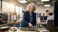 Senior woman with gray curly hair and light skin tone, wearing dark blazer, working with electronic circuit board in modern tech laboratory with colleagues and 3D printers in background.