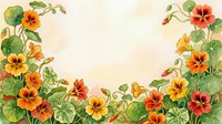 Watercolor nasturtium flowers frame with orange and yellow blooms, green leaves on soft peach background, copy space for text.