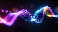 Glowing wave of colorful particles flowing in dark space with bokeh effect, abstract digital art showing dynamic motion and energy flow in neon colors.