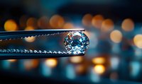 Brilliant diamond held in tweezers against blurred bokeh background, showcasing luxury jewelry craftsmanship and gemstone quality.