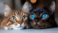 Two adorable kittens with striking blue and green eyes lying close together, perfect for pet care advertising and animal lover content.