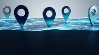 Digital location pins floating above abstract blue wave network representing GPS navigation and mapping technology for business applications.