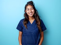 Young Asian female healthcare worker wearing navy blue medical scrubs smiling warmly against turquoise background, expressing joy and confidence in professional setting.