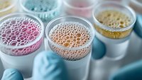 Colorful laboratory samples in petri dishes with foam and bubbles showing experimental testing and scientific research in modern medical facility.