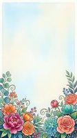 Watercolor floral border frame with colorful roses, peonies, and greenery on soft blue background, perfect for cards and invitations.
