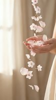 Woman hands catching falling pink cherry blossom petals in soft natural light creating peaceful spa wellness atmosphere for relaxation and mindfulness.