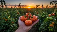 Hand holding fresh ripe red tomatoes in agricultural field during golden hour sunrise with lush green plants and warm sunlight rays.
