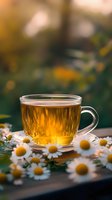 Glass cup of chamomile tea surrounded by fresh daisy flowers on wooden surface with blurred natural background in warm sunset light.