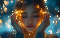 Young Asian woman with closed eyes surrounded by glowing fairy lights creating magical atmosphere against blue bokeh background, expressing serenity and mindfulness.