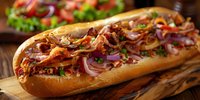 Gourmet submarine sandwich loaded with crispy bacon, caramelized onions, fresh herbs on golden toasted roll, served on rustic wooden board. Close up food photography.