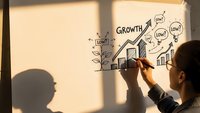 Business professional drawing growth chart with upward arrow and success concepts on wall in sunlit office environment for strategic planning.
