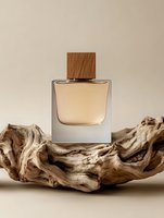 Luxury perfume bottle with wooden cap on driftwood against neutral background for cosmetic and fragrance advertising campaigns.