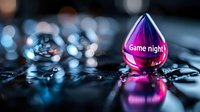 Glowing pink crystal teardrop shape with text on dark reflective surface surrounded by water drops and bokeh lights creating magical atmosphere.