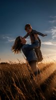 Young Caucasian mother lifting her toddler son joyfully in a golden sunset field, warm backlight glowing through tall grass.