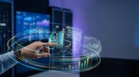 Businessman hand interacting with holographic data analytics and financial charts in futuristic digital workspace for technology and business solutions.