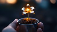 Glowing magical flower growing from small pot with soil, illuminated from within against dark background, creating ethereal ambiance and bokeh effect.