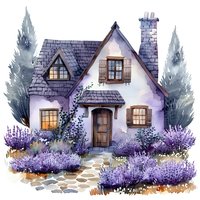 Charming watercolor illustration of a cozy cottage with purple lavender garden, stone pathway, and blue spruce trees. Perfect for fairy tale books, greeting cards, and children room decor.
