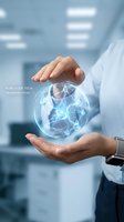 Businessperson holding glowing digital globe with network connections in modern office environment, representing global technology, innovation, and holographic systems.