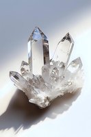 Clear quartz crystal cluster with multiple points and natural formations on white background, showing prismatic light reflections and mineral structure details.