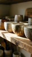 Handmade ceramic bowls displayed on rustic wooden shelves in pottery studio workshop showcasing artisan craftsmanship and traditional pottery making techniques.