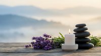 Zen spa composition with stacked black stones, lit candle, fresh lavender flowers on wooden surface against misty mountain landscape for wellness relaxation.