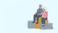 Senior couple sitting on stacks of coins representing retirement savings and financial planning for elderly lifestyle security.