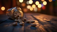 Spilled pills from glass jar on wooden surface with warm bokeh lights in background, dramatic lighting creates moody atmosphere for healthcare concept.