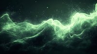 Ethereal green aurora-like waves flow across dark space background with glowing particles and cosmic dust creating mysterious atmospheric effect.