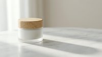 Minimalist white ceramic jar with natural wood lid on marble surface, casting soft shadows in bright sunlight, suitable for cosmetics, skincare, or luxury product packaging mockups.