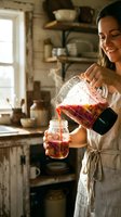Woman pouring homemade fruit infusion into glass jar in rustic kitchen with shelves and natural window light, beverage preparation and home cooking concept.
