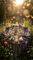 Mystical woodland altar with pentagram symbol surrounded by crystals, candles, and colorful flowers on tree stump. Spiritual ritual setup for witchcraft, meditation, and occult practices.