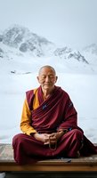 Senior Asian male Buddhist monk in traditional maroon and gold robes meditating with prayer beads against snow-covered mountain landscape. Spiritual practice and mindfulness.