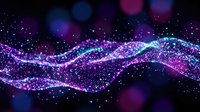 Abstract digital wave made of glowing purple and blue particles flowing across dark background with bokeh lights for technology and data visualization projects.