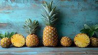 Fresh ripe pineapples and slices arranged in row on rustic turquoise wooden background, tropical fruit composition for healthy eating concept.