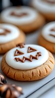 Halloween pumpkin cookies with white icing and chocolate jack-o-lantern faces on cooling rack for autumn baking and seasonal treats.