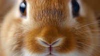 Close up portrait of adorable ginger rabbit nose and eyes. Macro photography showing soft fur texture, pink nose and deep blue eyes of bunny pet.
