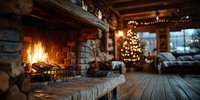 Cozy log cabin interior with stone fireplace burning brightly, decorated Christmas tree glowing in background, creating warm holiday atmosphere.